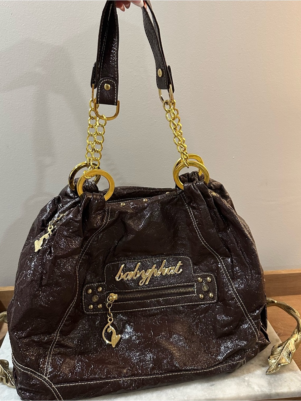 Baby Phat Dark Brown Patent Shoulder Bag with Gold Hardware